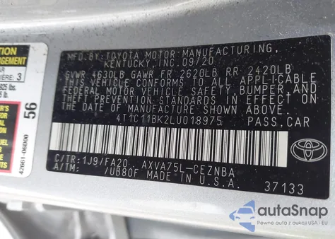 2020 Toyota Camry Le Awd from USA, damaged, VIN 4T1C11BK2LU018975